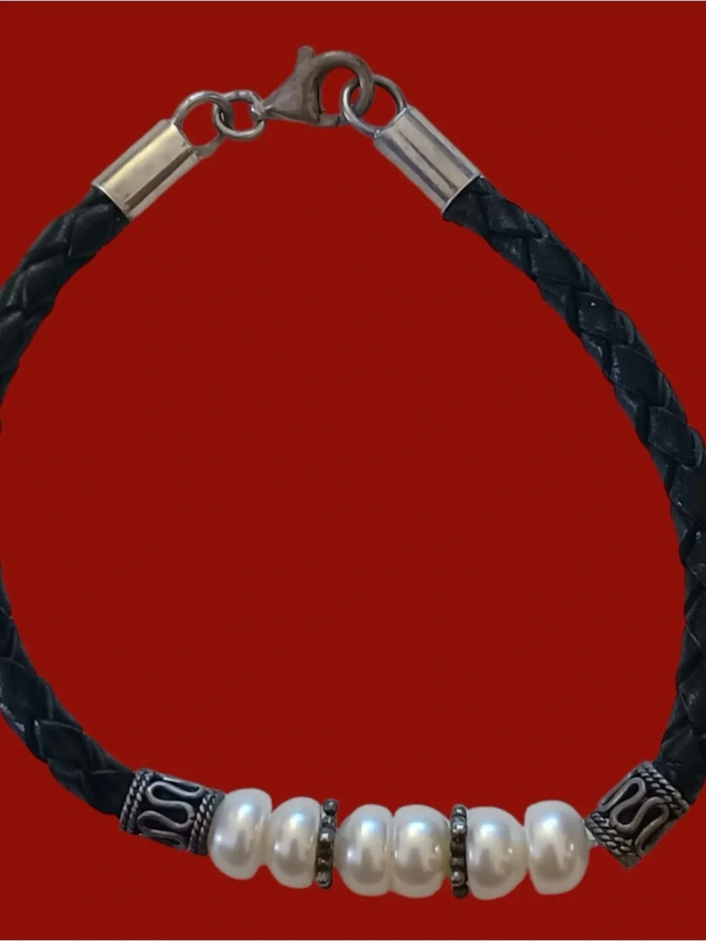 925 Sterling Silver Natural Pearl Braided Leather Bracelet 7.5